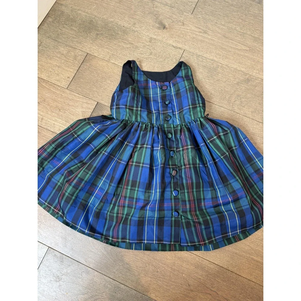 Ralph Lauren Dress Girls 3T Blue Green Tartan Plaid Sleeveless Button Back Party